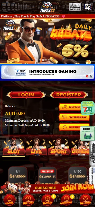 Topaz33 Casino home page on a mobile device