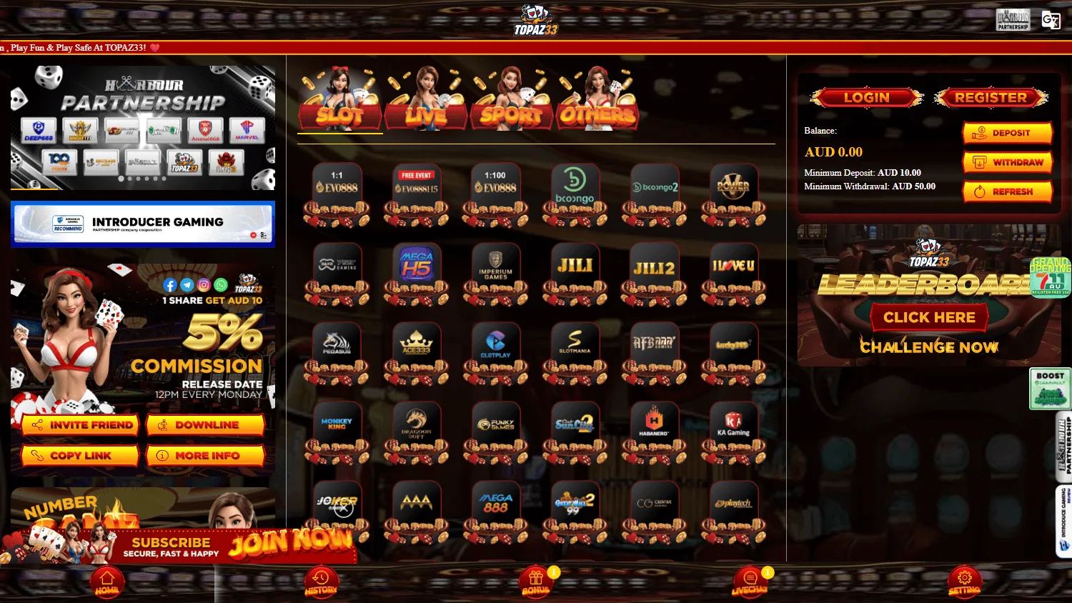 Topaz33 Casino home page on desktop
