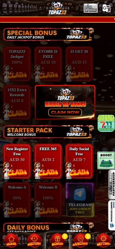 Topaz33 Casino promotions page on a mobile device