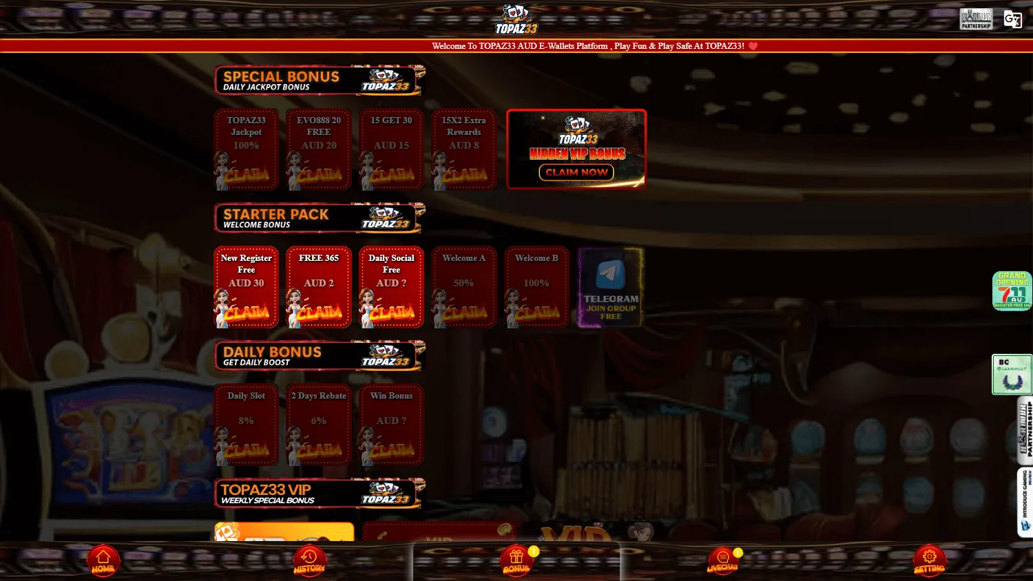 Topaz33 Casino promotions page on desktop
